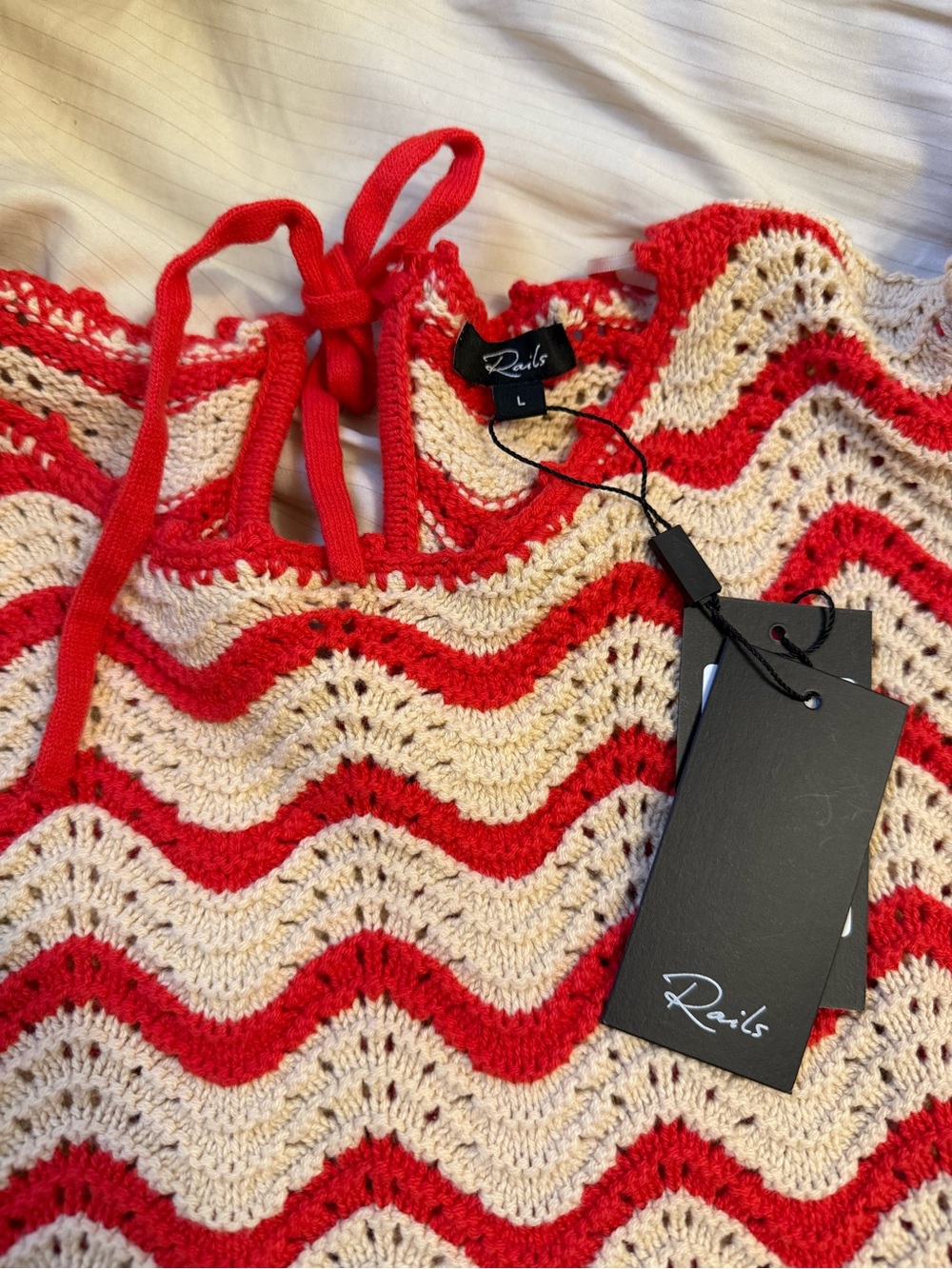 Rails Red and Cream Crochet Zigzag Tie-Neck Tank
